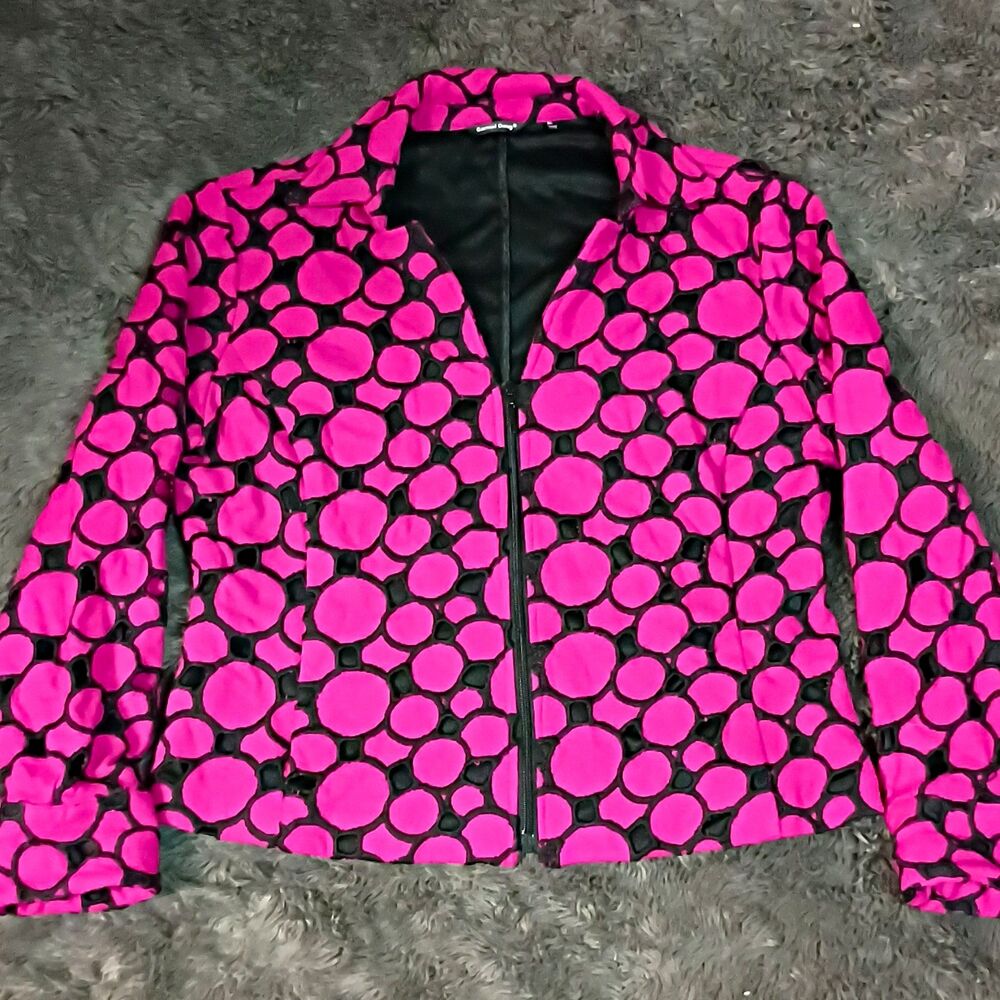 Samuel Dong Women's Pink Black Polka Dot Full Zip Collared Short Jacket XL
